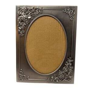 Vintage Pewter Oval Photo Frame Floral Roses Cottage Style Tabletop Decor